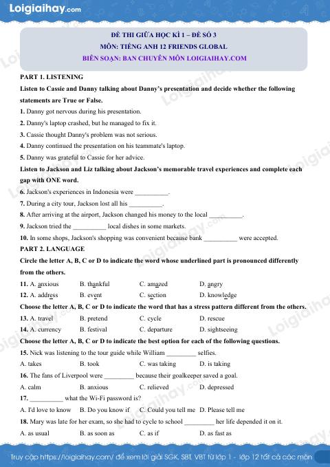 Đề thi giữa kì 1 Tiếng Anh 12 Friends Global - Đề số 3